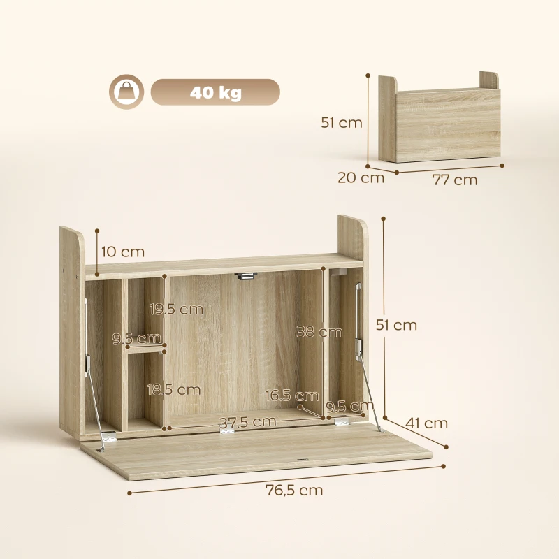 HOMCOM Wall Mounted Desk, Drop Leaf Floating Laptop Desk with Space Saving Storage Compartments for Home Office, Oak