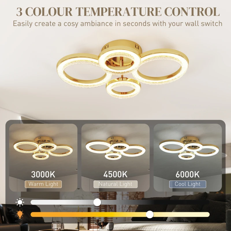 HOMCOM LED Ceiling Light, Modern 4 Rings Ceiling Lamp with Wall Switch Control, 40W 4350lm Flush Mount Ceiling Light with 3500K/4500K/6000K Colour Temperatures for Living Room, Bedroom, Gold Tone