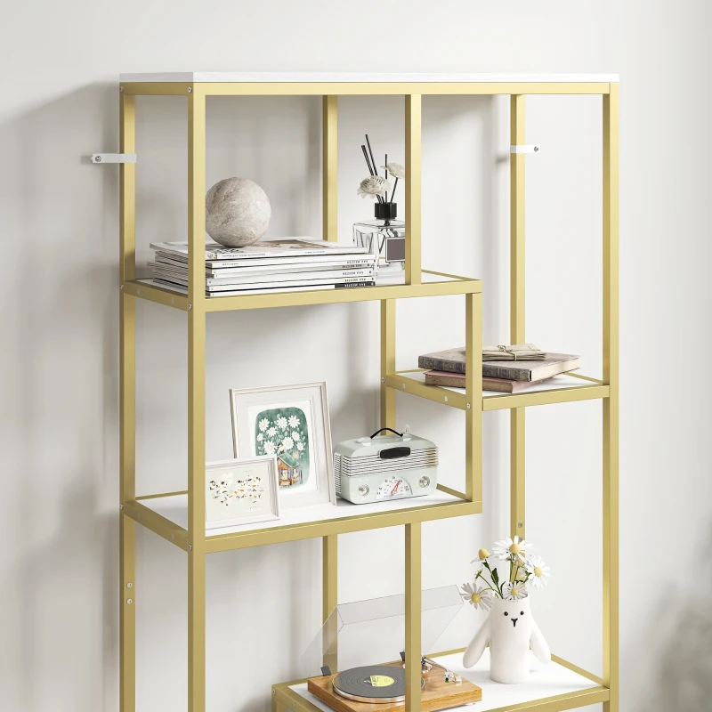 HOMCOM Seven-Tier Geometric Bookcase - White/Gold Tone