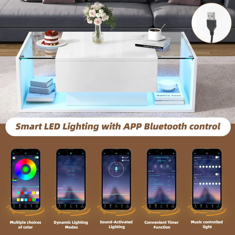 High-Gloss Coffee Table with a Drawer and Semi-Open Storage, Modern Centre Table for Living Room and Office, 100L x 50W x 31H cm, White