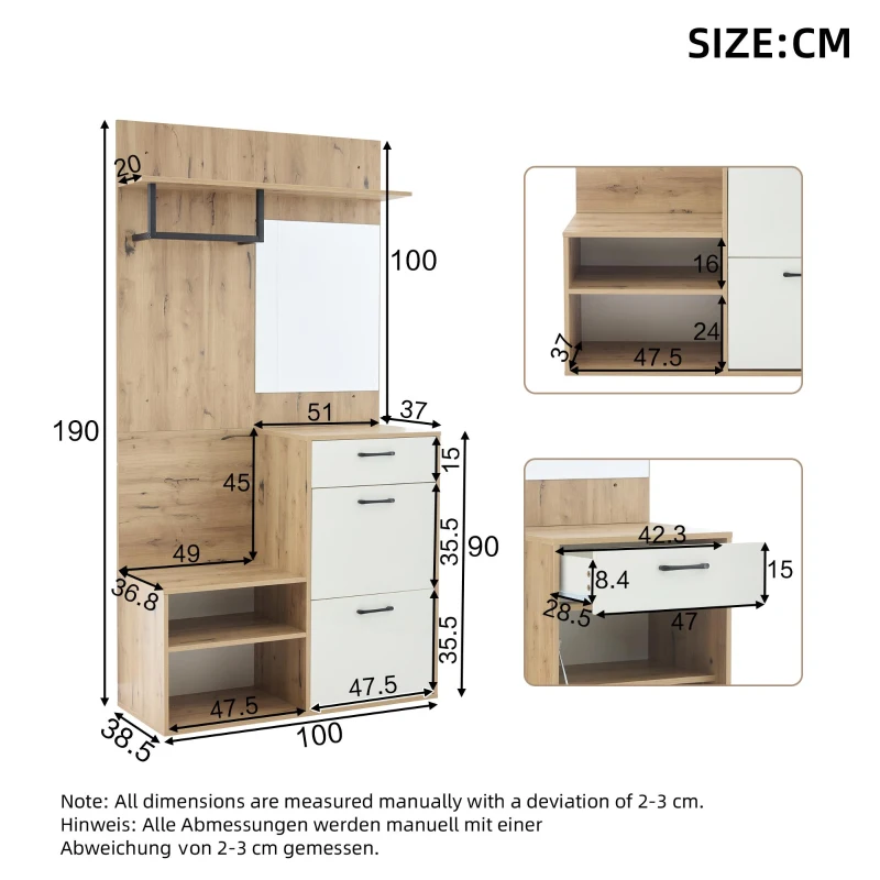 7-In-1 Coat Rack with 2 Shoe Compartments and Semi-open Shelves, High-gloss Cabinet with Mirror, 100L x 38.5W x 190H cm, White+Oak