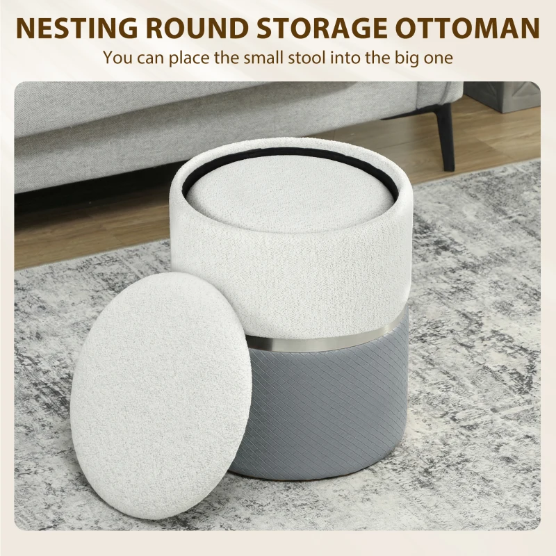 HOMCOM Nesting Round Ottoman with Storage Set of 2 - Cream/Grey