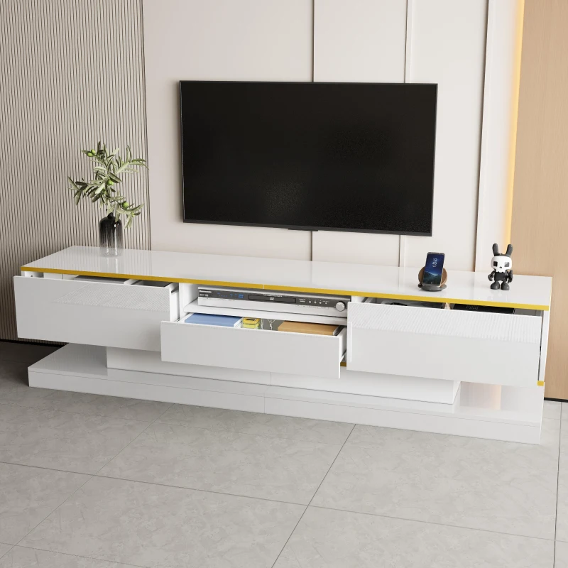 Modern LED TV Cabinet with High-Gloss Finish and Metallic Trim, Spacious Unit with Open Compartment, 180L x 38W x 45H cm, White