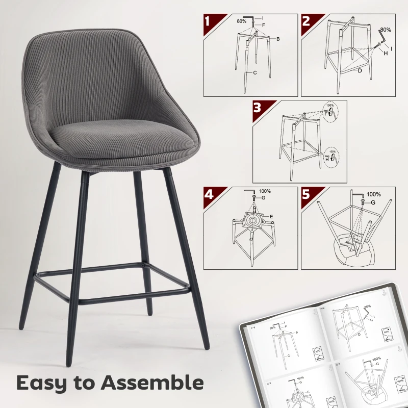 HOMCOM 2 sztuki barowych krzeseł z pokryciem z kordu i stalowymi nogami, krzesła tapicerowane dla wyspy kuchennej, jadalni, szare