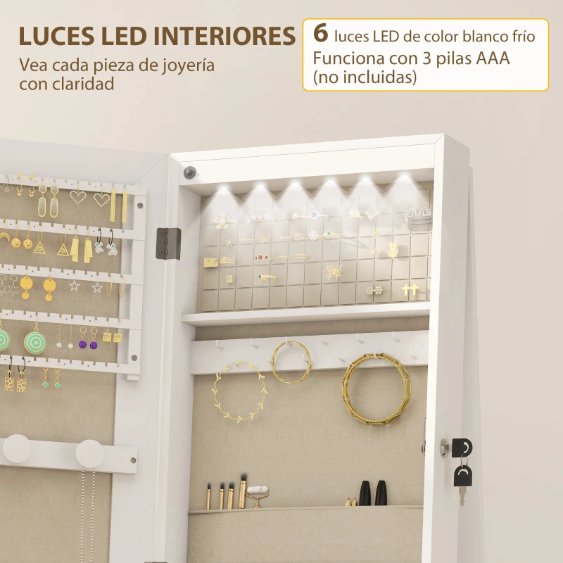 HOMCOM Espejo Joyero con Luces LED Interior Ruedas Giratorio de 360° Estantes Abiertos Cajones de Tela Blanco