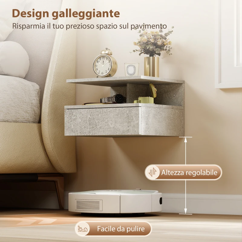 HOMCOM Set di 2 Comodini Sospesi con Cassetto e Mensola Aperta, 35x32x22.5 cm, Grigio Cemento