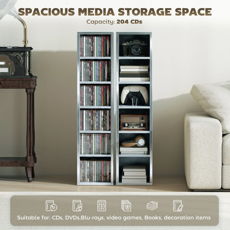 HOMCOM Set of 2 CD Media Display Shelf Unit Tower Rack with Adjustable Shelves, High Gloss Grey