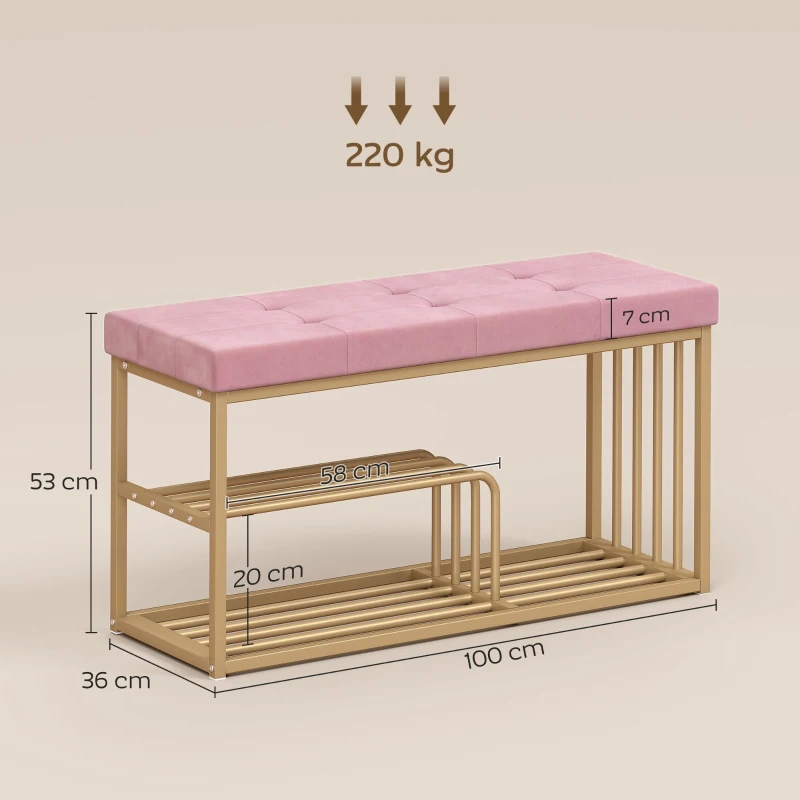 HOMCOM Bench and Shoe Storage, Tufted Shoe Storage Bench with Velvet Seat Cushion Gold Steel Frame for Entryway, Pink