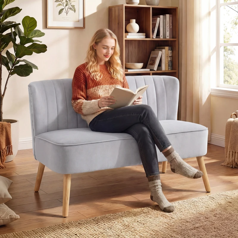 HOMCOM Modern Velvet Double Seat Sofa w/ Wood Frame Foam Padding Soft Comfortable Compact Couch Light Grey