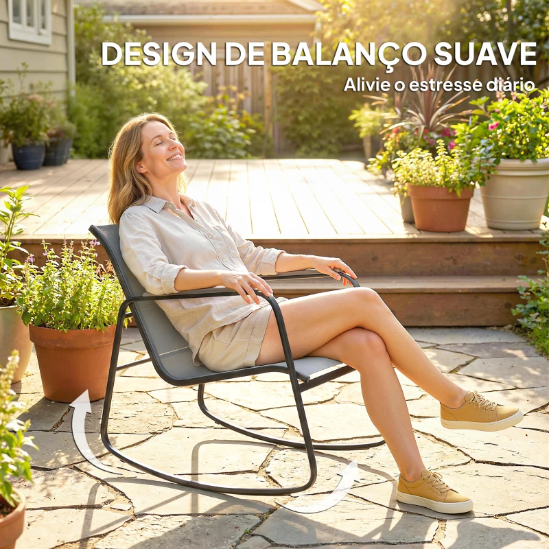 Outsunny Conjunto de Jardim de 3 Peças com 2 Cadeiras de Balanço e Mesa com Tampo de Vidro e Estrutura de Aço para Pátio, Cinza