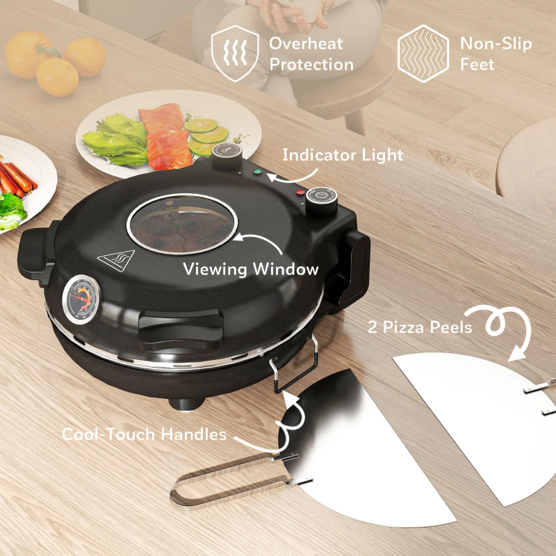 HOMCOM 1200W Pizza Oven, 12 Inch Electric Pizza Maker with Viewing Window, Dual Knob Temp & Timer Control, Overheat Protection, Black