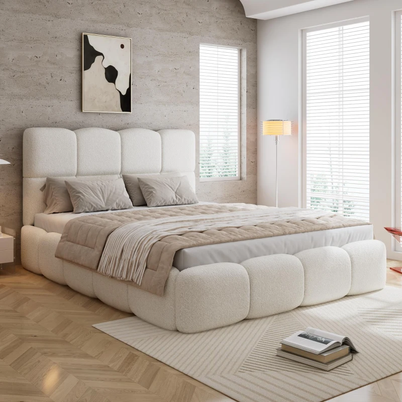 Plush Boucle Bed with Hydraulic Storage and Raised Headboard, Durable Frame with Slats, Self-Assembly, 204.5L x 142W x 100.5H cm, Beige