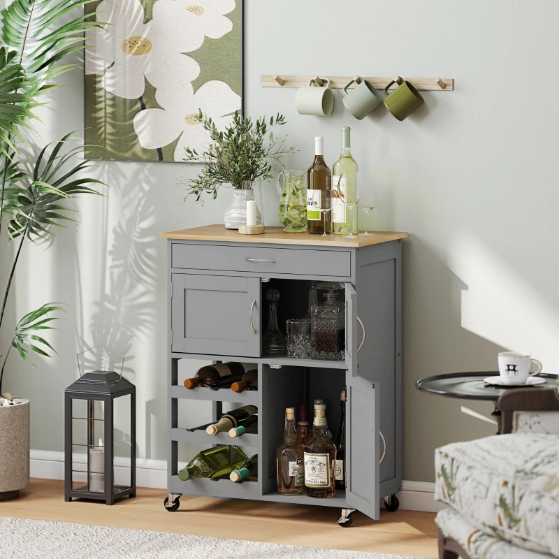 HOMCOM Modern Kitchen Trolley, Rolling Island Storage Cart with Drawer, 9-bottle Wine Rack, Door Cabinets, Wooden Countertop, Grey