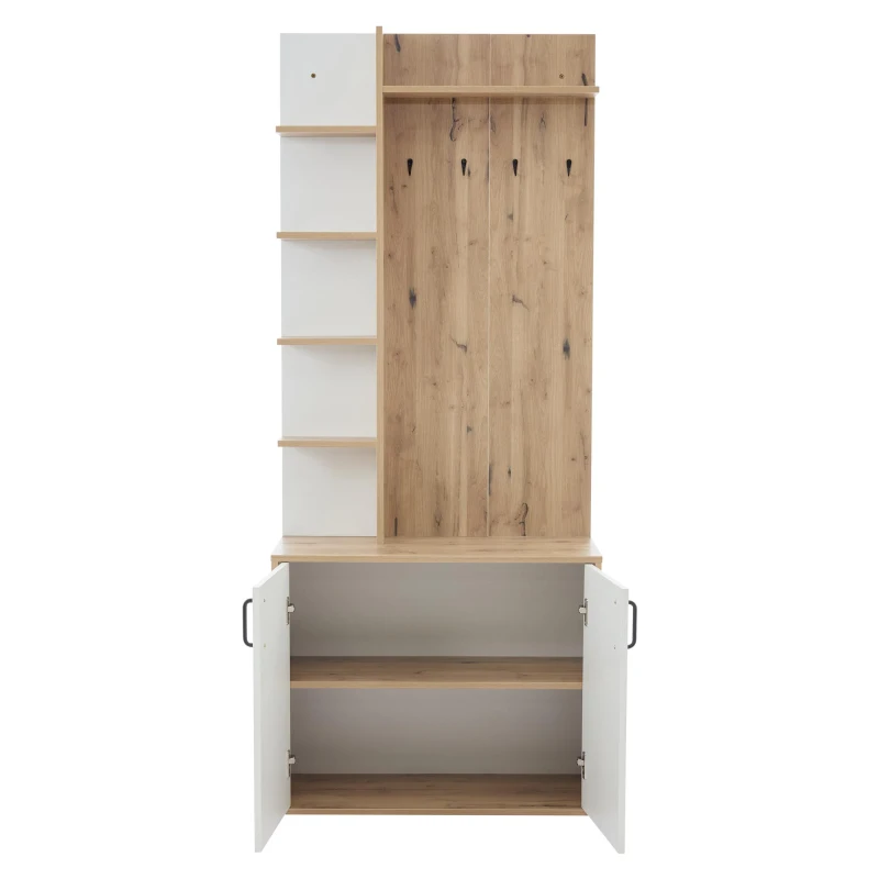 Hall Tree Coat Rack with Shoe Cabinet and 5 Open Shelves, Double‑door Storage for Narrow Entrance, 75L x 33W x 180H cm, White+Oak