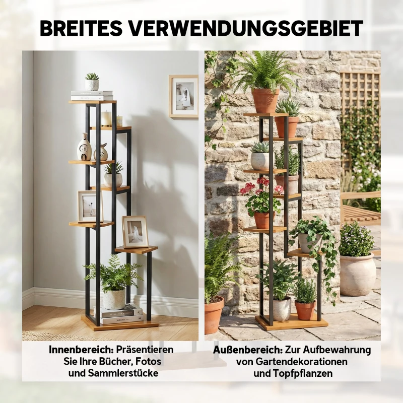 Outsunny 7-Etagen Pflanzenständer, 130 cm hoch Blumenständer, Gestuftes Pflanzenregal aus Holz, mehrstöckig Hellbraun