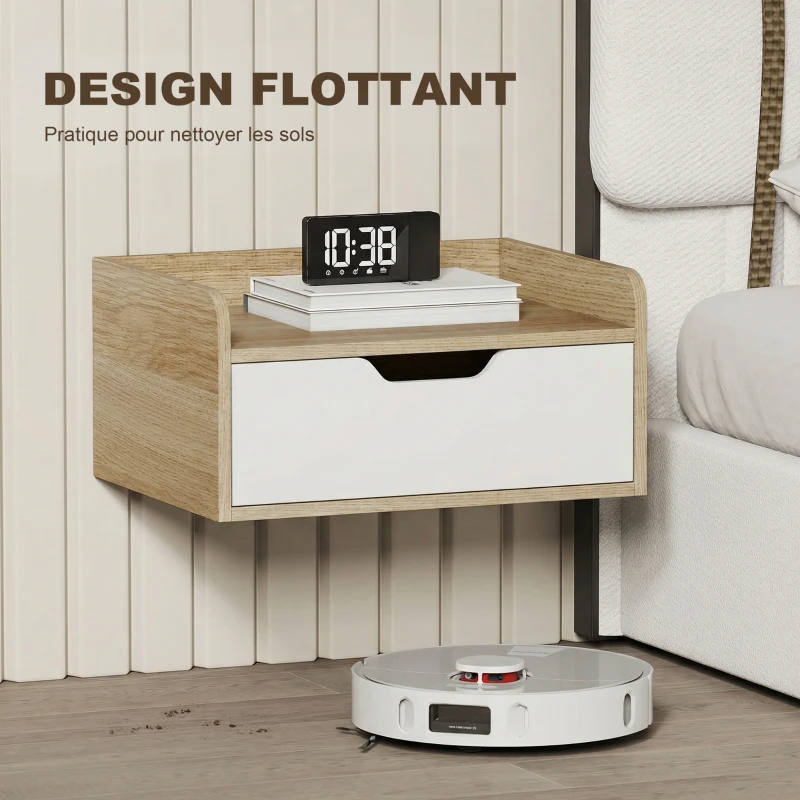 HOMCOM Lot de 2 tables de chevet murales, tables de nuit avec tiroir et plateau à rebords surélevés, 40x30x19,5cm, bois naturel