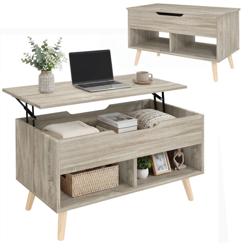 HOMCOM Tavolino sollevabile con vano nascosto e ripiani, 75x40x58 cm, Naturale
