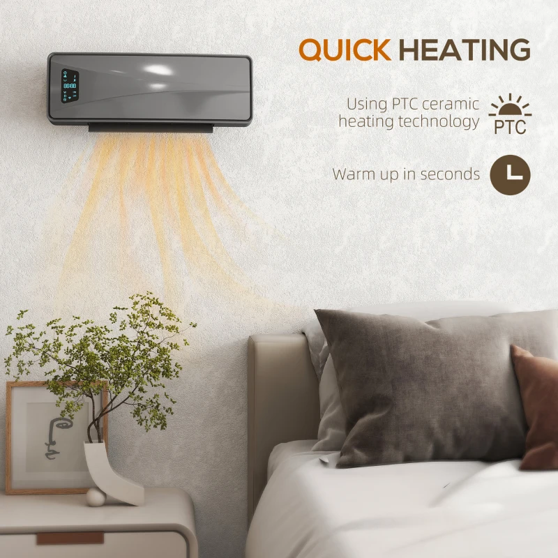 HOMCOM 2000W Ceramic Electric Heater with Fan, Adjustable Thermostat, Wall Mounted - Grey