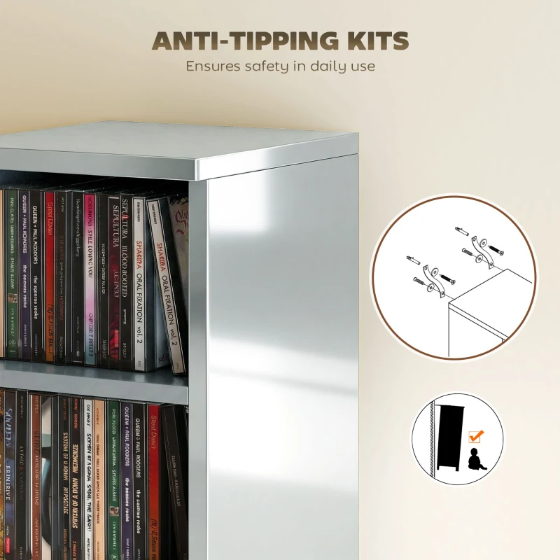 HOMCOM Set of 2 CD Media Display Shelf Unit Tower Rack with Adjustable Shelves, High Gloss Grey