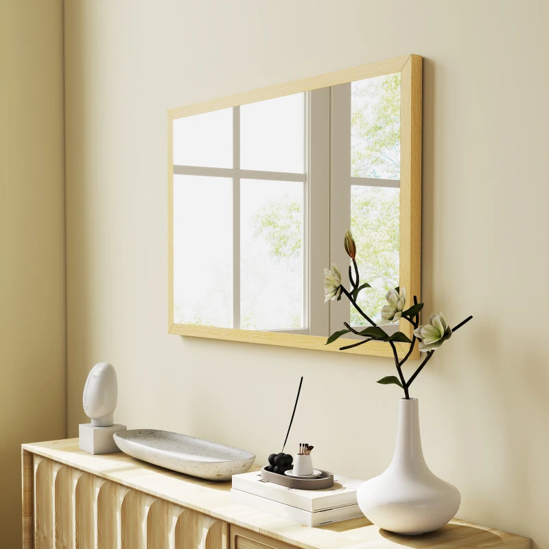 HOMCOM Wall Bathroom Mirror, 60 x 40 cm Wall-Mounted Mirror for Living Room, Bedroom, Hallway, Natural Wood Finish