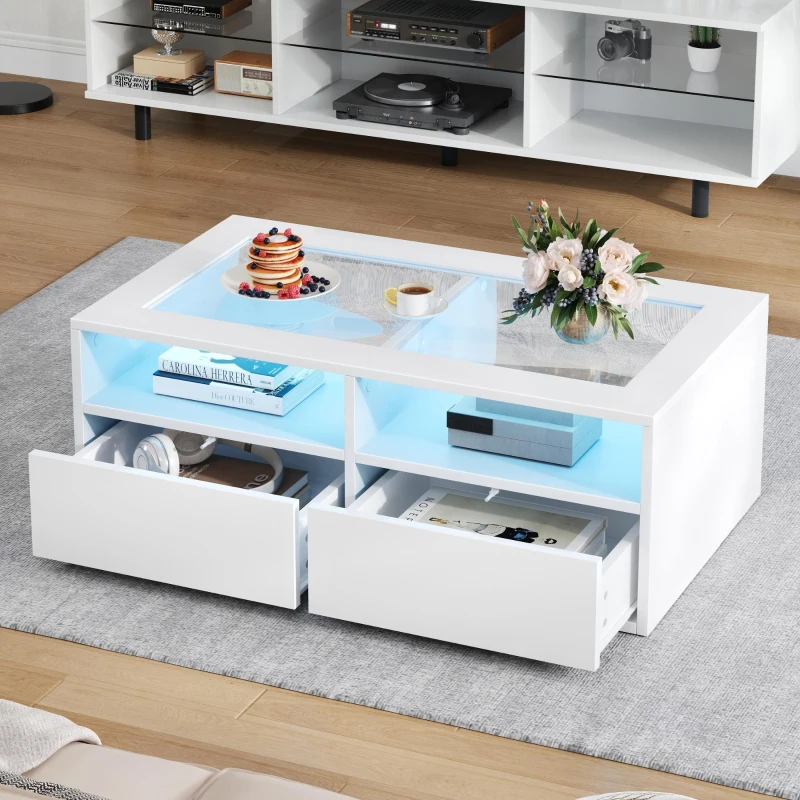Smart Coffee Table with App-Controlled LED, USB Port and Glass Top, Practical Unit with 2 Drawers and Shelves,100L x 50W x 35H cm, White