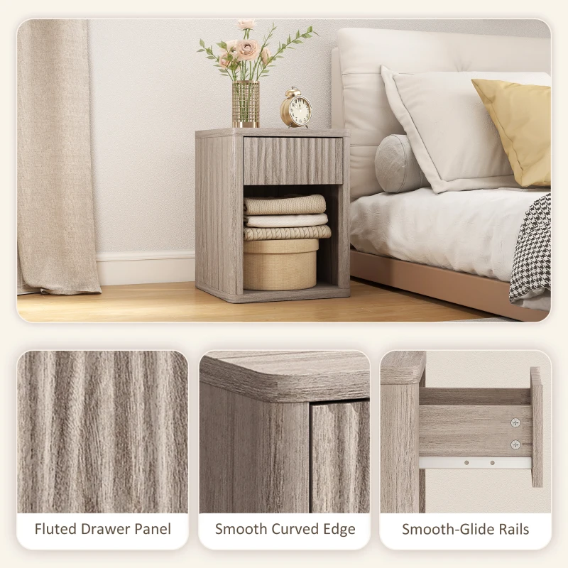 HOMCOM Modern Bedside Table Set of 2, Bedside Cabinet with Drawer and Open Shelf, Side End Table, Nightstand for Bedroom, Oak