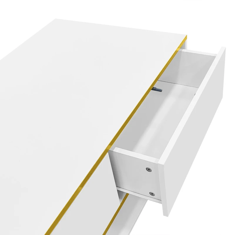 Modern LED Coffee Table with High-Gloss Finish and Gold Accents, Illuminated Unit with Drawers and Storage, 100L x 50W x 40H cm, White
