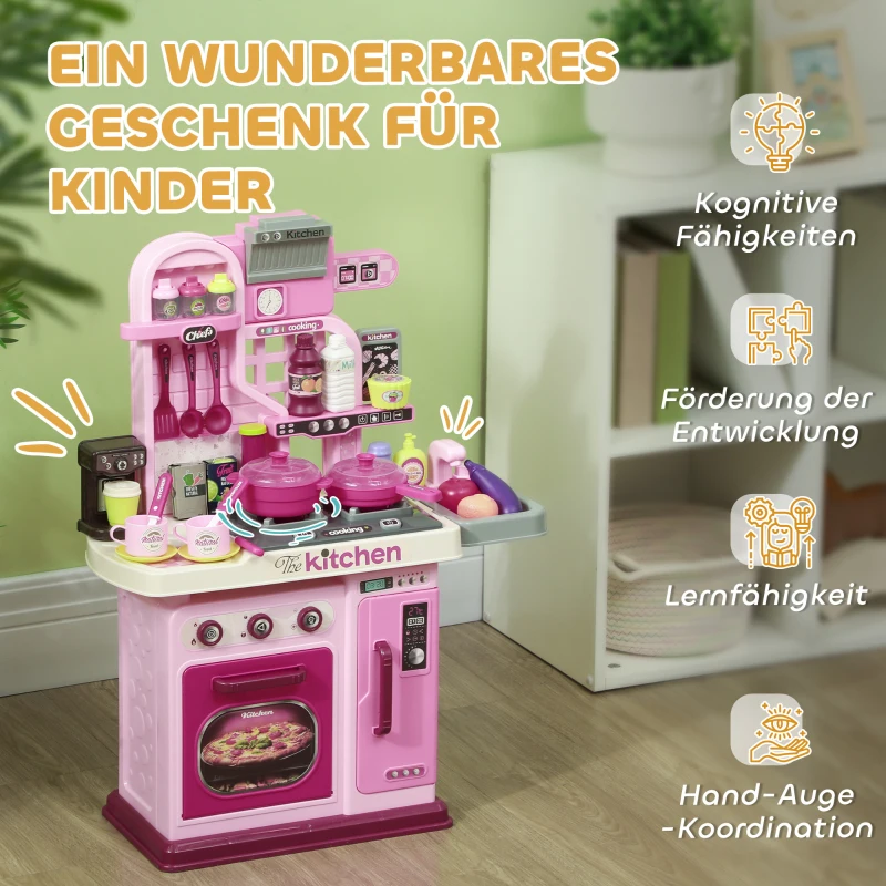 AIYAPLAY Kids Kitchen with 33 Piece Accessories, Lights, Sounds, Storage, for Children 3-6 Years, Pink