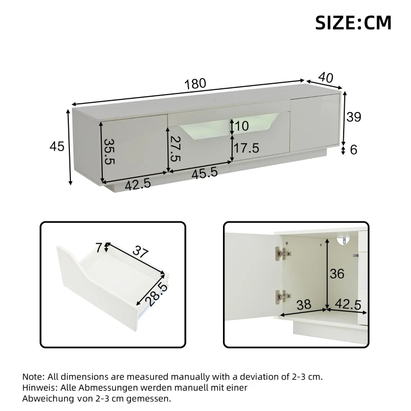 High-Gloss TV Entertainment Centre with App-Controlled LED Lighting, Modern TV Stand with Multi-Zone Storage, 180L x 40W x 45H cm, White