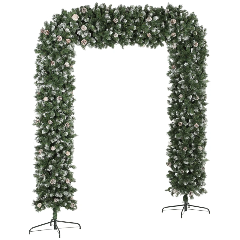 HOMCOM 8.2 ft Snow Frosted Christmas Tree Arch, Christmas Arch Doorway Decor with 2100 Tips and 96 Pinecones, Artificial Xmas Tree with Metal Stand for Indoor, Green