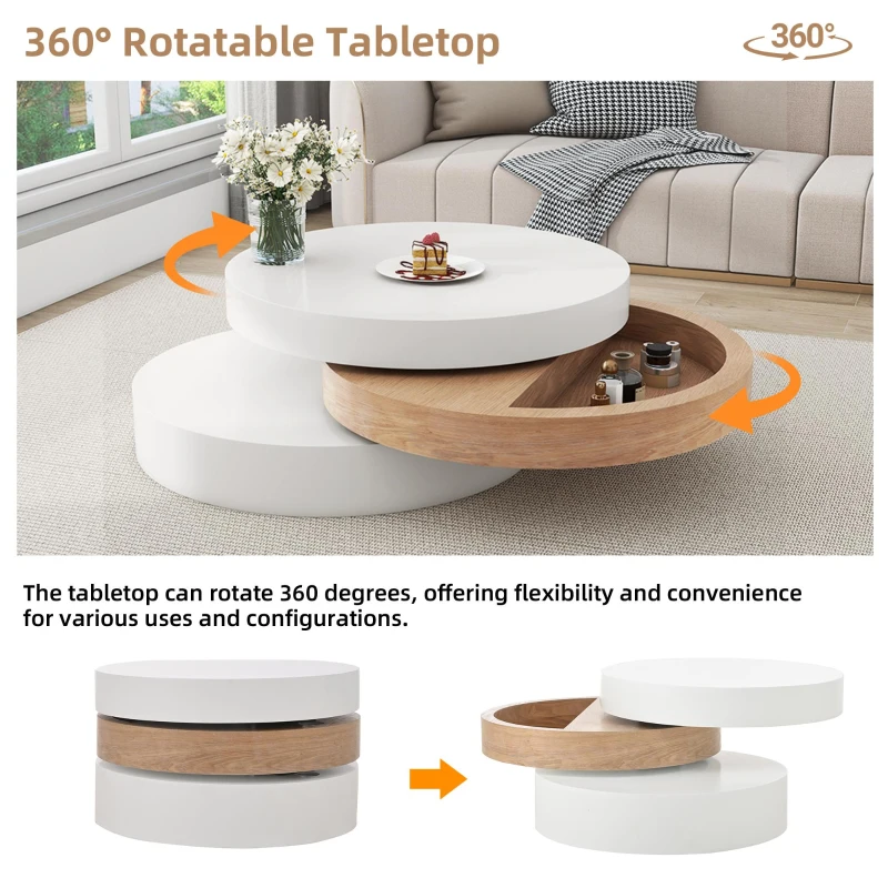 Round Coffee Table with Rotating Hidden Storage Sections, Space-Saving Table for Modern Living Spaces, 60L x 60W x 35H cm, White+Wood