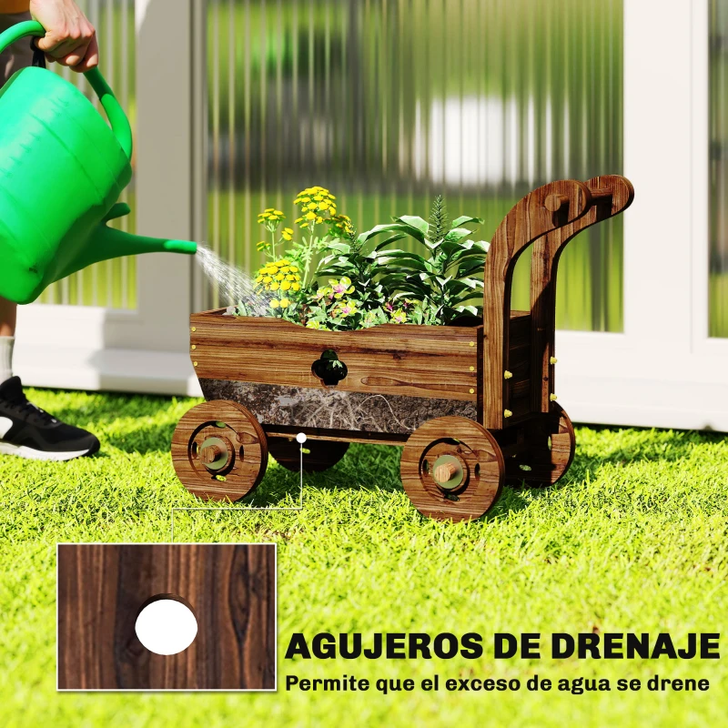 Outsunny Carretilla de Madera Decorativa Jardinera Elevada con 4 Ruedas Asa Orificios de Drenaje 68x38x52 cm Carbonizado
