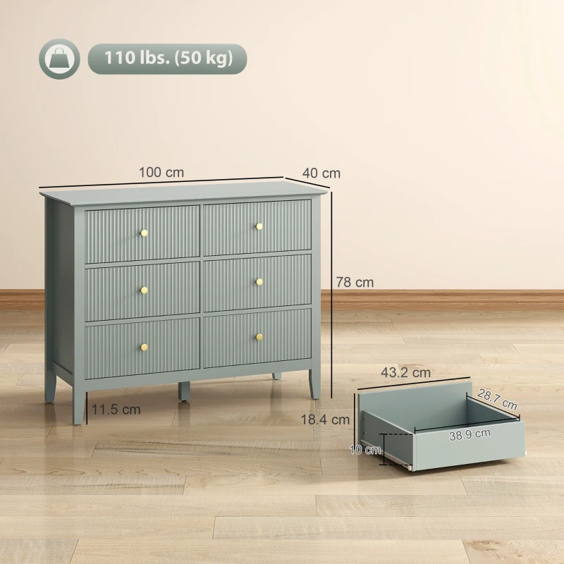 HOMCOM Fluted Dresser, 6 Drawer Chest of Drawers for Bedroom, Living Room, Hallway, Closet, Green