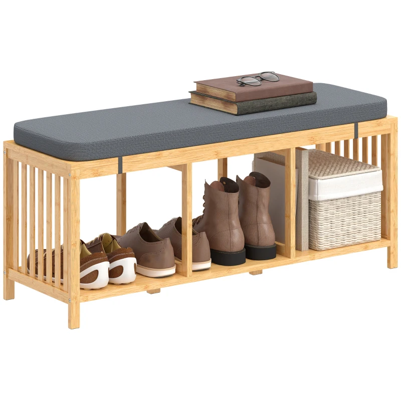 HOMCOM Bamboo Shoe Bench, Entryway Storage Bench with Padded Cushion and Open Shelf, Natural Wood Finish