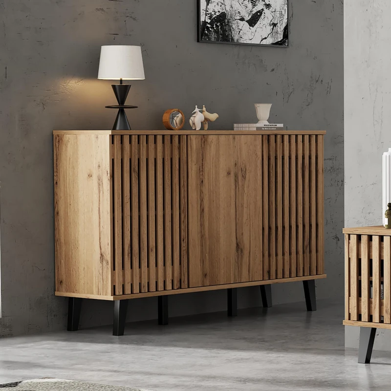 Modern Vintage Sideboard with Openwork Wooden and Panel Doors, Six-Point Support Unit with 6 Compartments, 150L x 40W x 95H cm, Wood