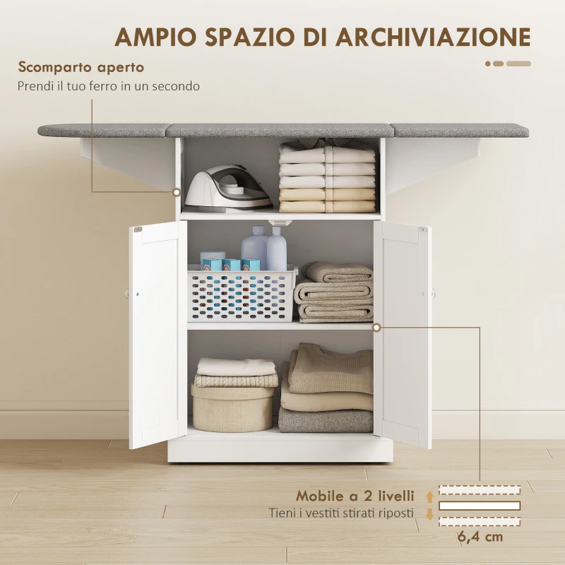 HOMCOM Mobile da Stiro con Asse da Stiro Pieghevole e Armadietto, 131x37x88.5 cm, Bianco