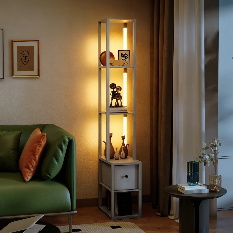 HOMCOM Floor Lamp with Shelves, LED Column Modern Standing Lamp with Fabric Drawer, Adjustable Brightness, Foot Switch for Living Room, Bedroom, Office, Oak