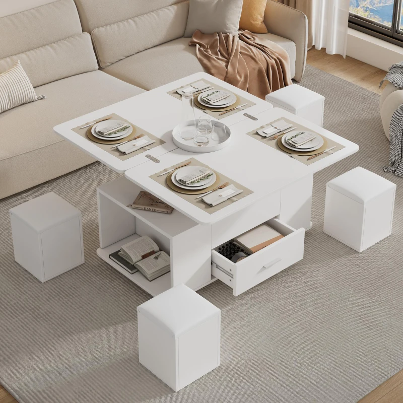 Modern Lift-Top Coffee Table with Hydraulic Lift and Hidden Storage, Versatile Unit with 4 Stools and Drawer, 100L x 50W x 45H cm, White