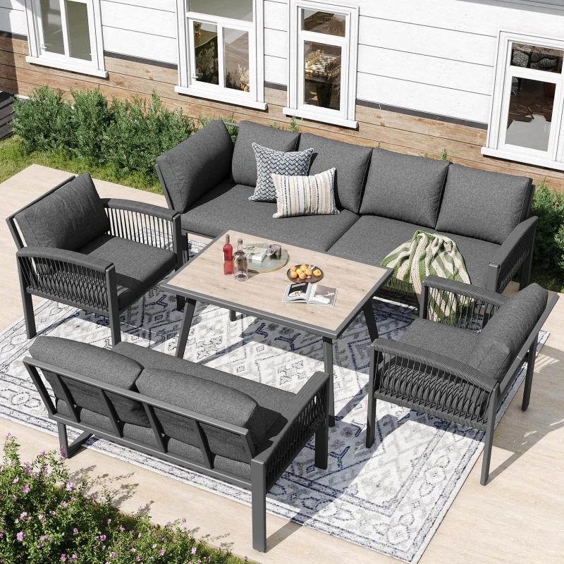 Stylish Garden Lounge Set with Galvanised Iron Frame and Wood‑Grain Table, Large Sofas and Table for 8 People, 124L x 69W x 86H cm, Gray