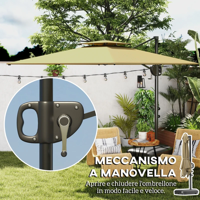 Outsunny Ombrellone a Braccio 2.5x2.5 m con Base Riempibile, Manovella e Testa Inclinabile, Cachi