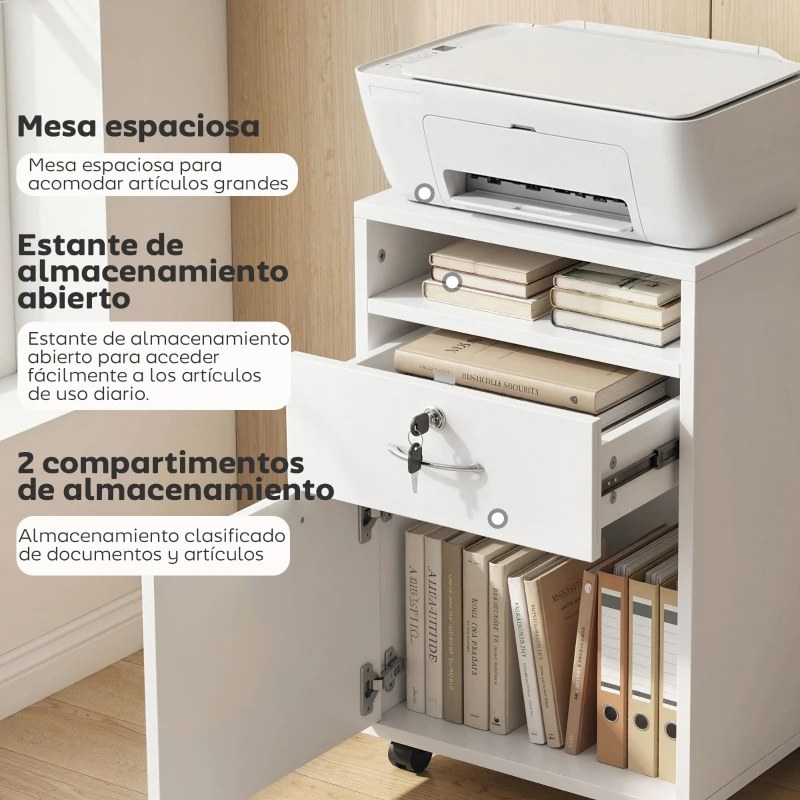 HOMCOM Cajonera de Oficina con Cajón con Cerradura y Armario con Ruedas Soporte de Impresora para Estudio 40x35x60 cm Blanco
