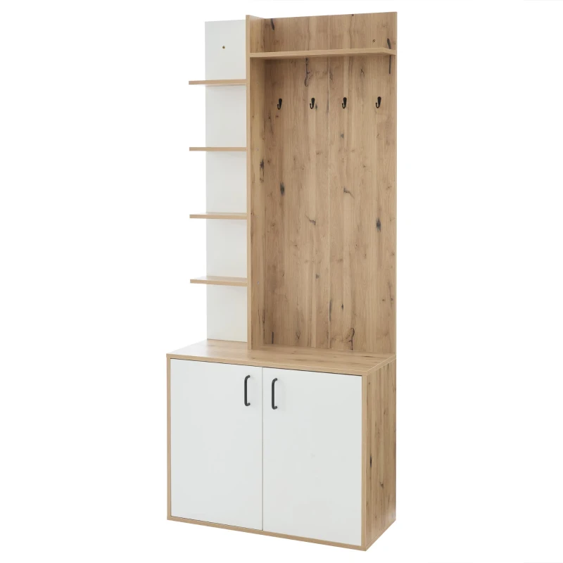 Hall Tree Coat Rack with Shoe Cabinet and 5 Open Shelves, Double‑door Storage for Narrow Entrance, 75L x 33W x 180H cm, White+Oak