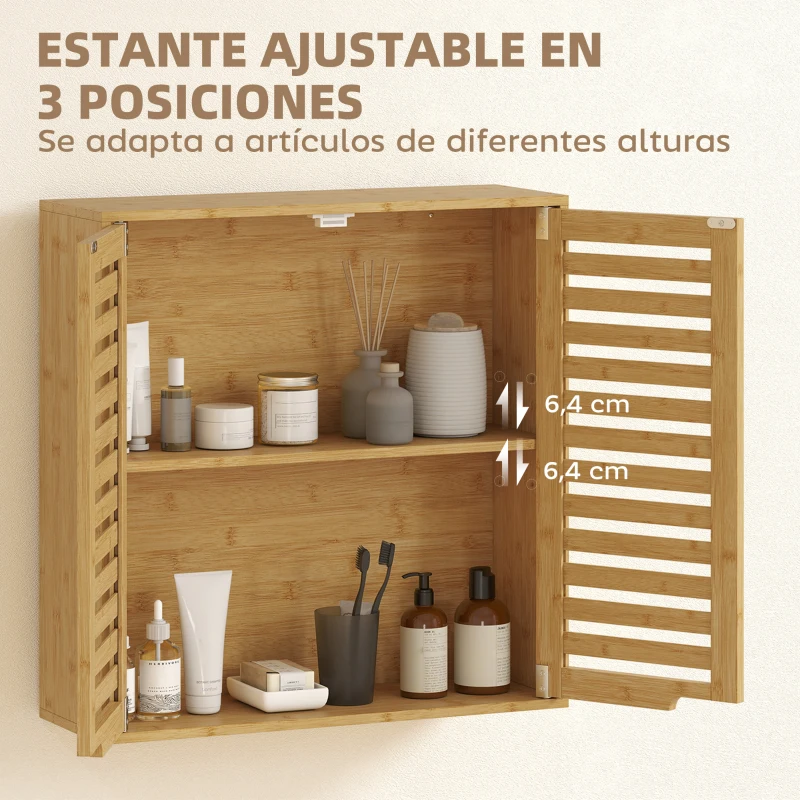 HOMCOM Armario de Baño de Pared de Bambú Mueble de Baño Colgante con Estante Ajustable Puertas de Lamas Natural