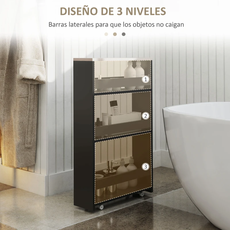 kleankin Carrito Auxiliar con Ruedas de 3 Niveles Carrito de Cocina Estrecho con 3 Estantes Tablero y Asa 48x15x80 cm Negro