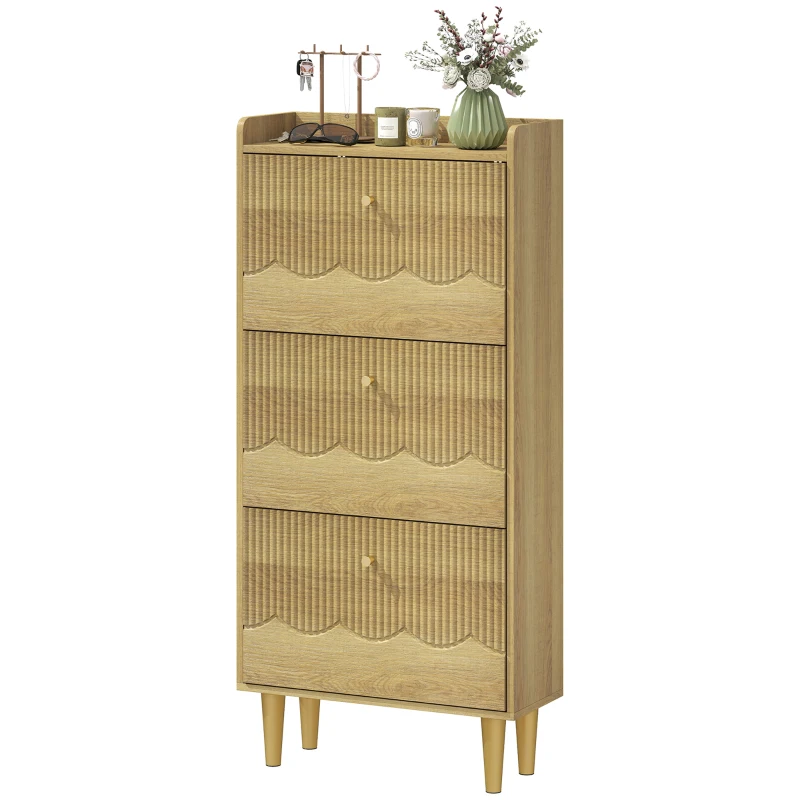 HOMCOM Narrow Shoe Cabinet, Modern Shoe Storage Cabinet with 3 Flip Drawers, Oak