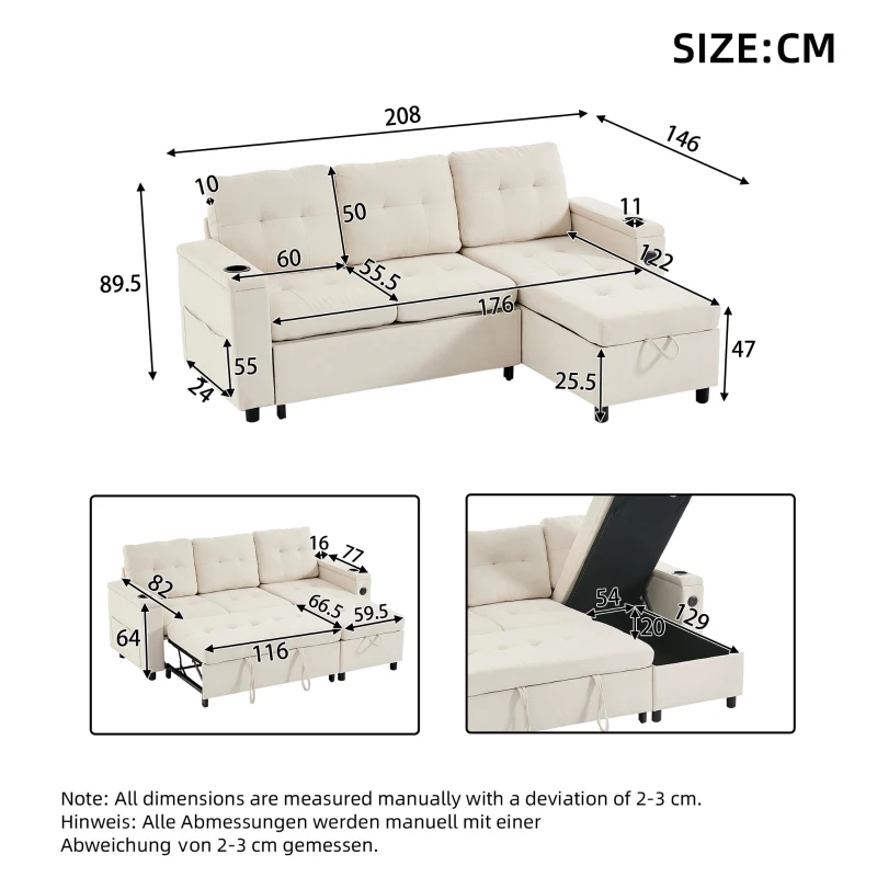 L-Shaped 3-Seater Sofa Bed with Hidden Storage, USB & USB-C Ports, Space-Saving Sofa for Compact Spaces, 208L x 146W x 89.5H cm, Beige