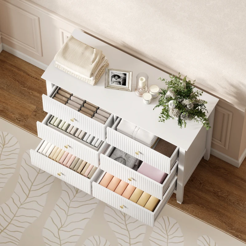 HOMCOM Fluted Dresser, 6 Drawer Chest of Drawers for Bedroom, Living Room, Hallway, Closet, White