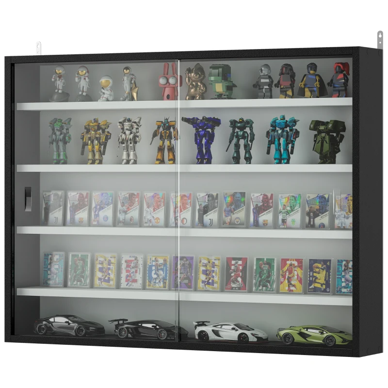 HOMCOM 5-Tier Wall Display Cabinet,  Wall Mounted Display Case w/ 4 Adjustable Shelves, Glass Doors, 60x80cm, Black and White