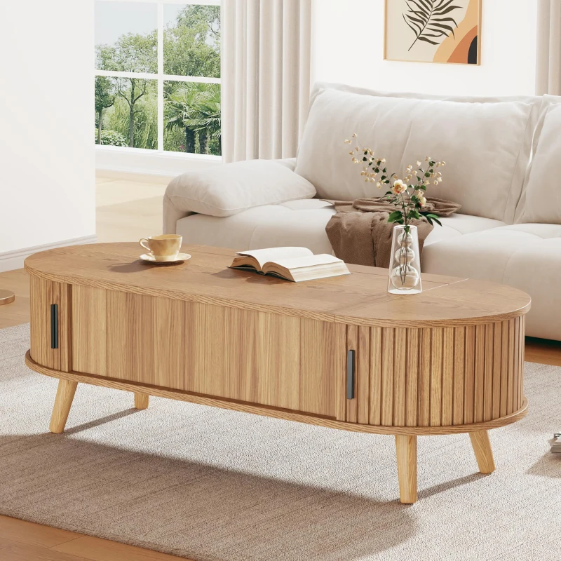 Lift-Up Oval Coffee Table with Hidden Storage and Height-Adjustable Top, Space-Saving Table for Living Areas, 120L x 50W x 39.5H cm, Wood