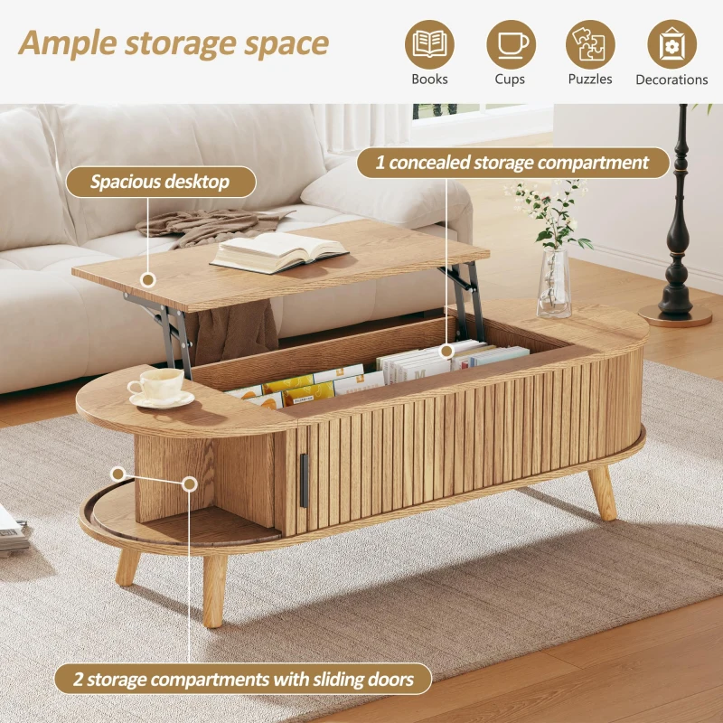 Lift-Up Oval Coffee Table with Hidden Storage and Height-Adjustable Top, Space-Saving Table for Living Areas, 120L x 50W x 39.5H cm, Wood